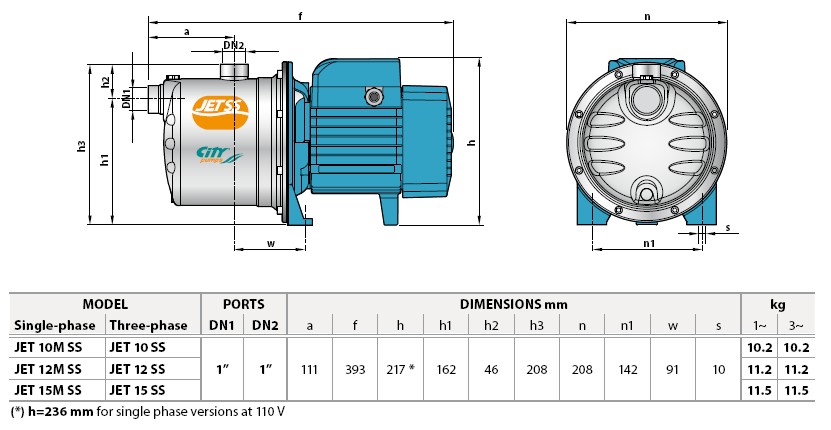 JET 10-15 city jet pompa teknik ölçüleri